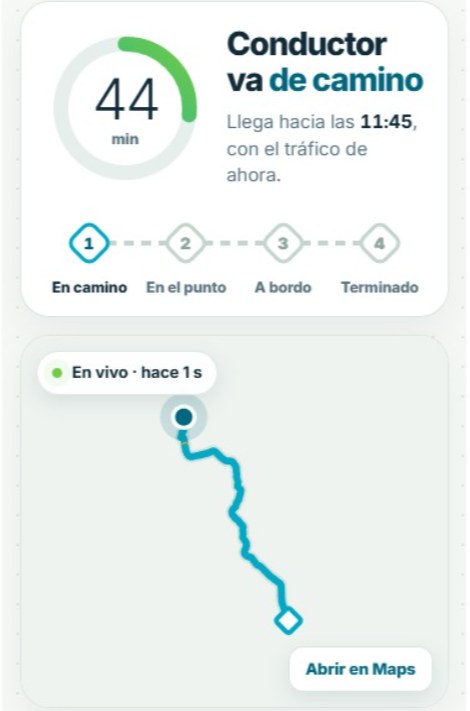 Captura de la app de Ruta 503: seguimiento del conductor con tiempo estimado de llegada y mapa en vivo